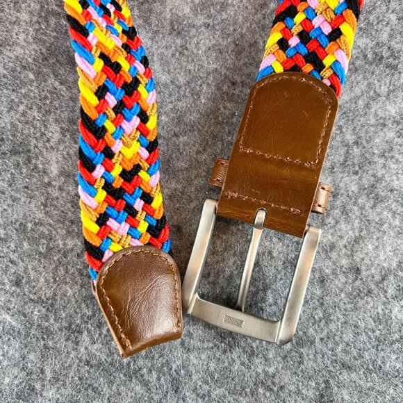 Woven Rainbow Multicolor Elastic Braided Belt Silver Buckle Brown Leather Trim - Picture 9 of 13